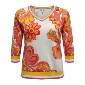 Talbots Womens Sweater V Neck 3/4 Sleeve Groovy Floral Print White Pink Yellow L